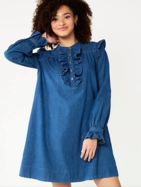 Draper James Dresses & Skirts - Draper James Chambray Cotton Long Sleeve Ruffle Front Mini Prairie Dress Large